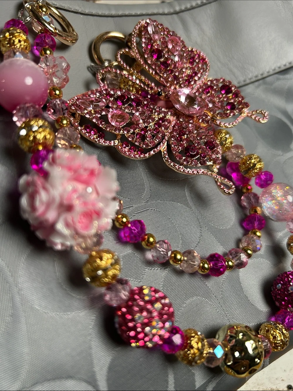 Keychain Pink and Gold Crystal Butterfly Necklace